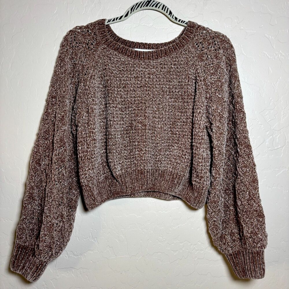 Altar'd State Womens S Brown Chenille Sweater Cable Knit Puff Sleeve Cropped